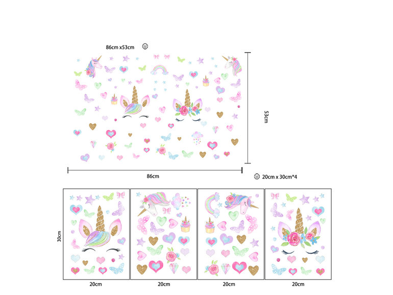 Muursticker unicorn / eenhoorn sticker set kinderkamer meisjes