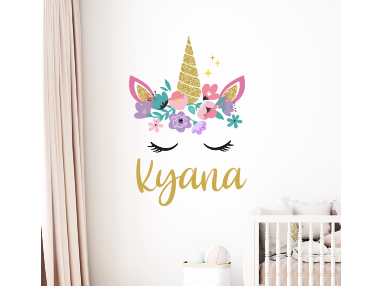 Muursticker unicorn met naamsticker kinderkamer meisjes