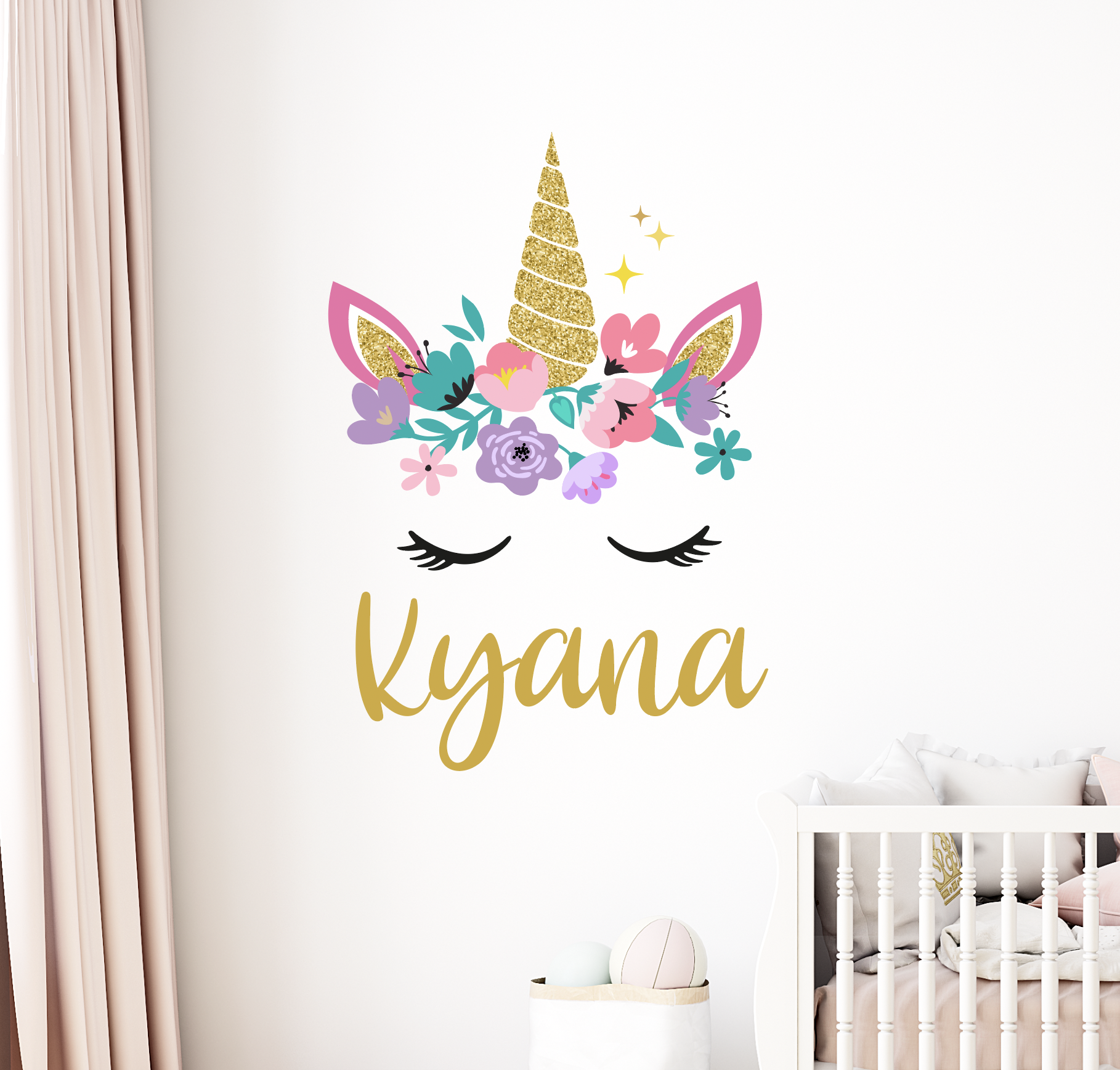 Muursticker unicorn met naamsticker kinderkamer meisjes