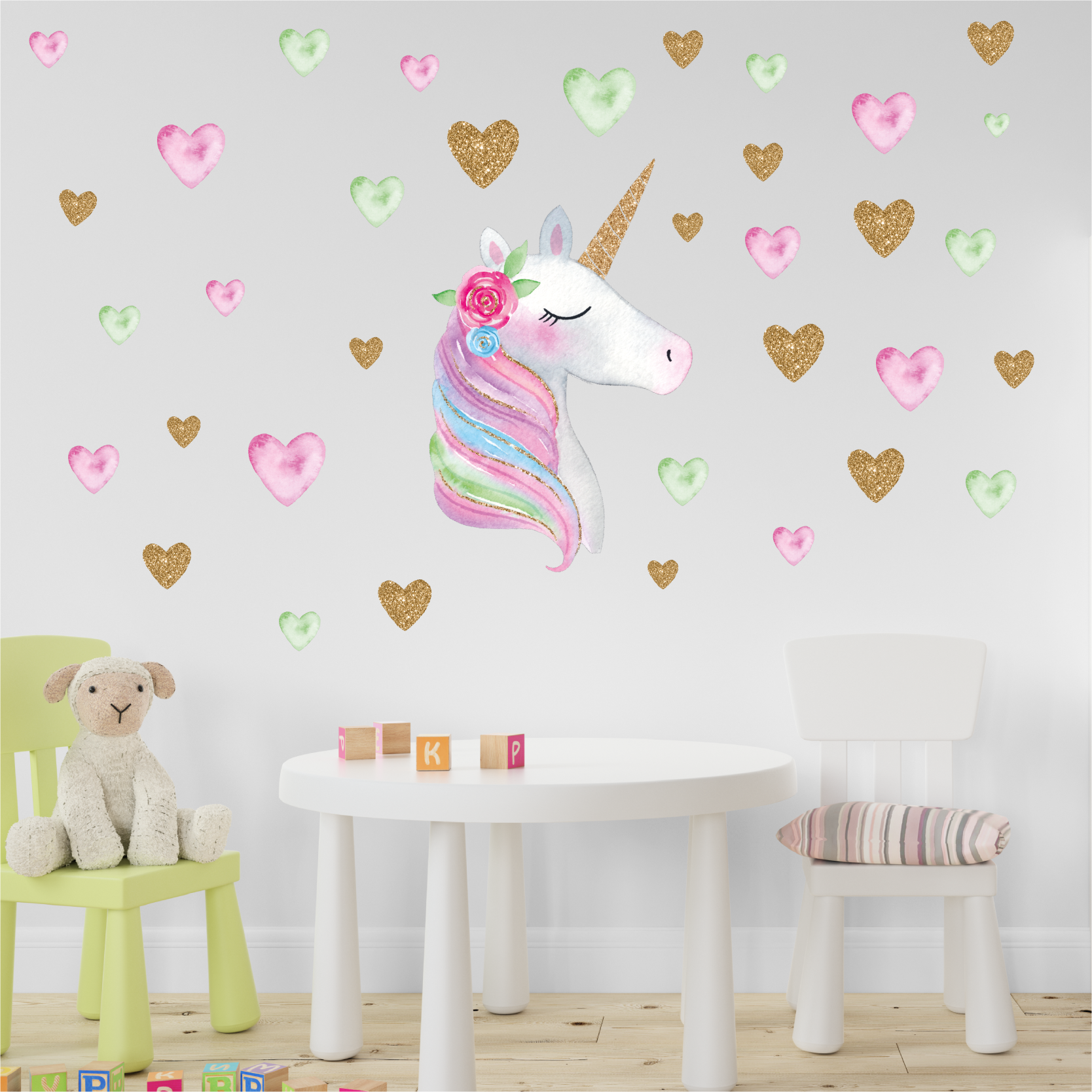 Muursticker unicorn hartjes pastel kleuren kinderkamer