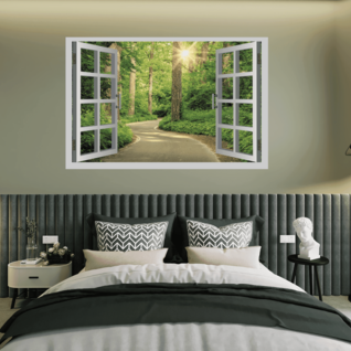 Muursticker bos natuur uitzicht raamkozijn