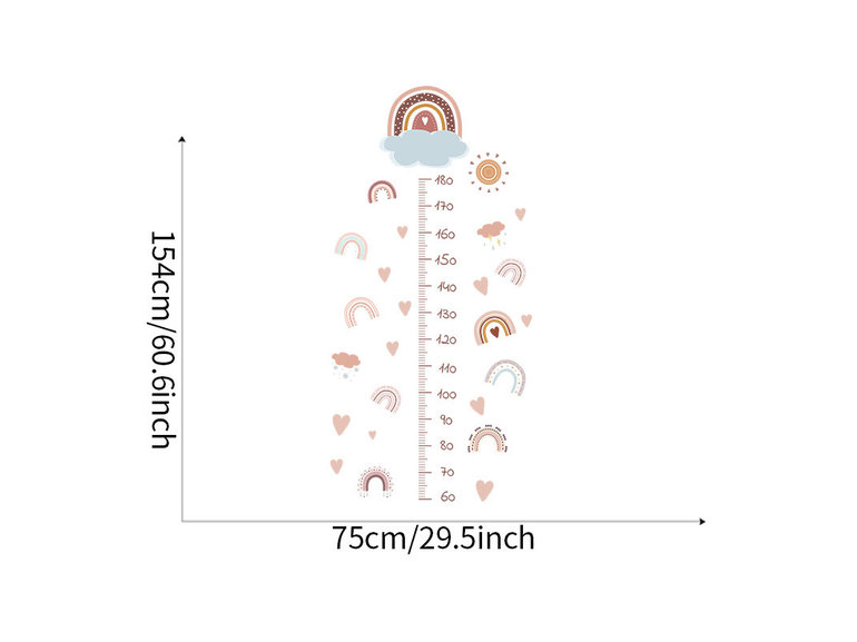 Muursticker groeimeter regenboog en hartjes kinderkamer meisjes