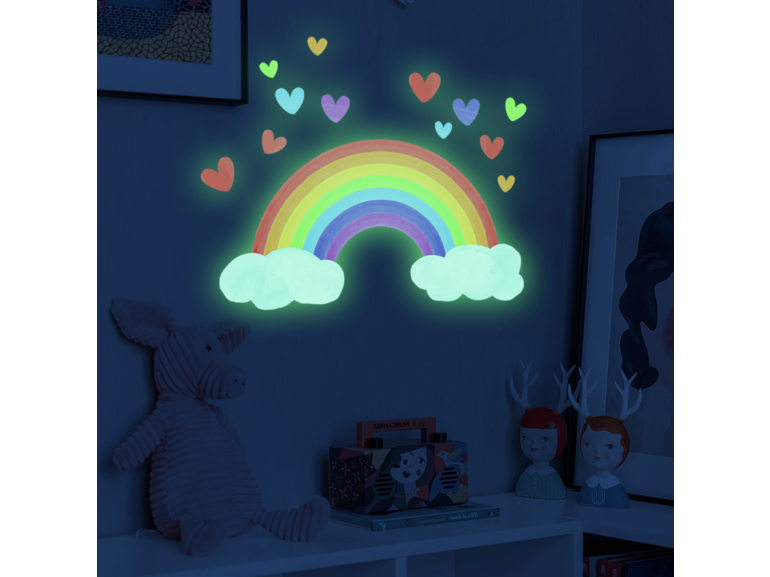 Muursticker glow in the dark regenboog hartjes kinderkamer