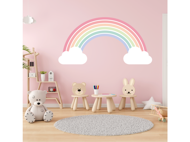 Muursticker regenboog met wolken zachte kleuren kinderkamer