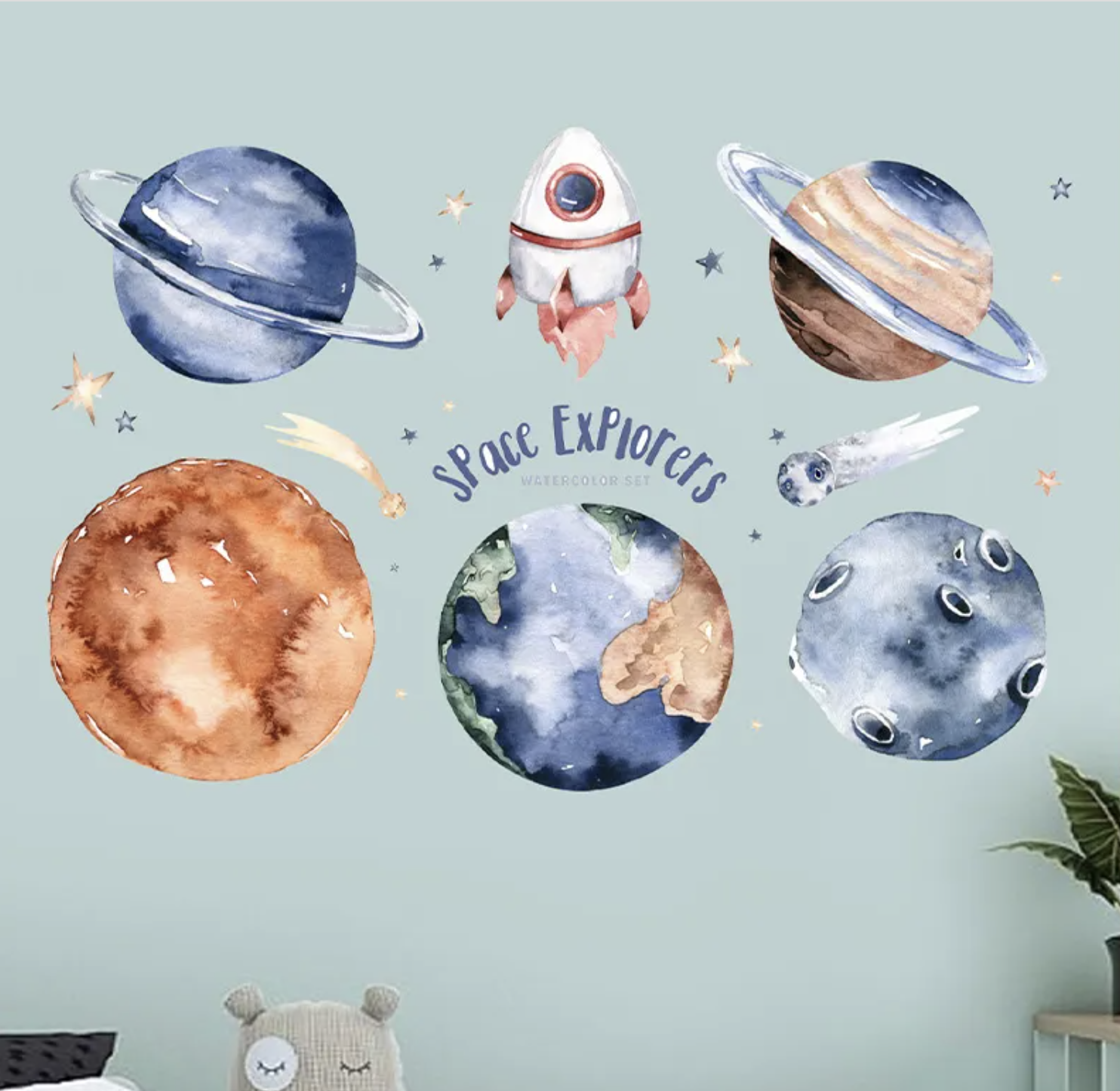 Muursticker planeten en ruimteschip kinderkamer