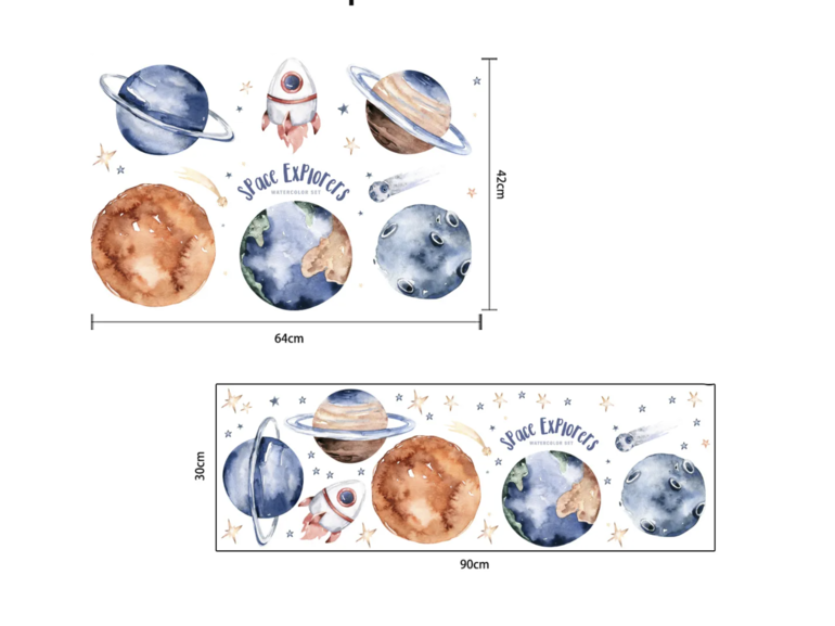 Muursticker planeten en ruimteschip kinderkamer