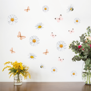 Muursticker madeliefjes en vlinders - daisy bloemen