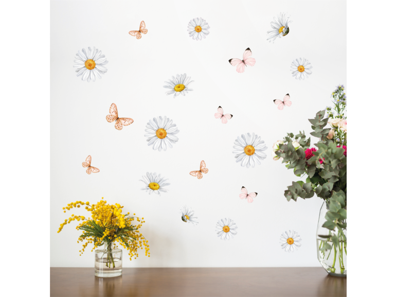 Muursticker madeliefjes en vlinders - daisy bloemen