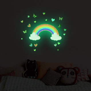 Glow in the dark Muursticker Regenboog met hartjes, vlinders en wolkjes