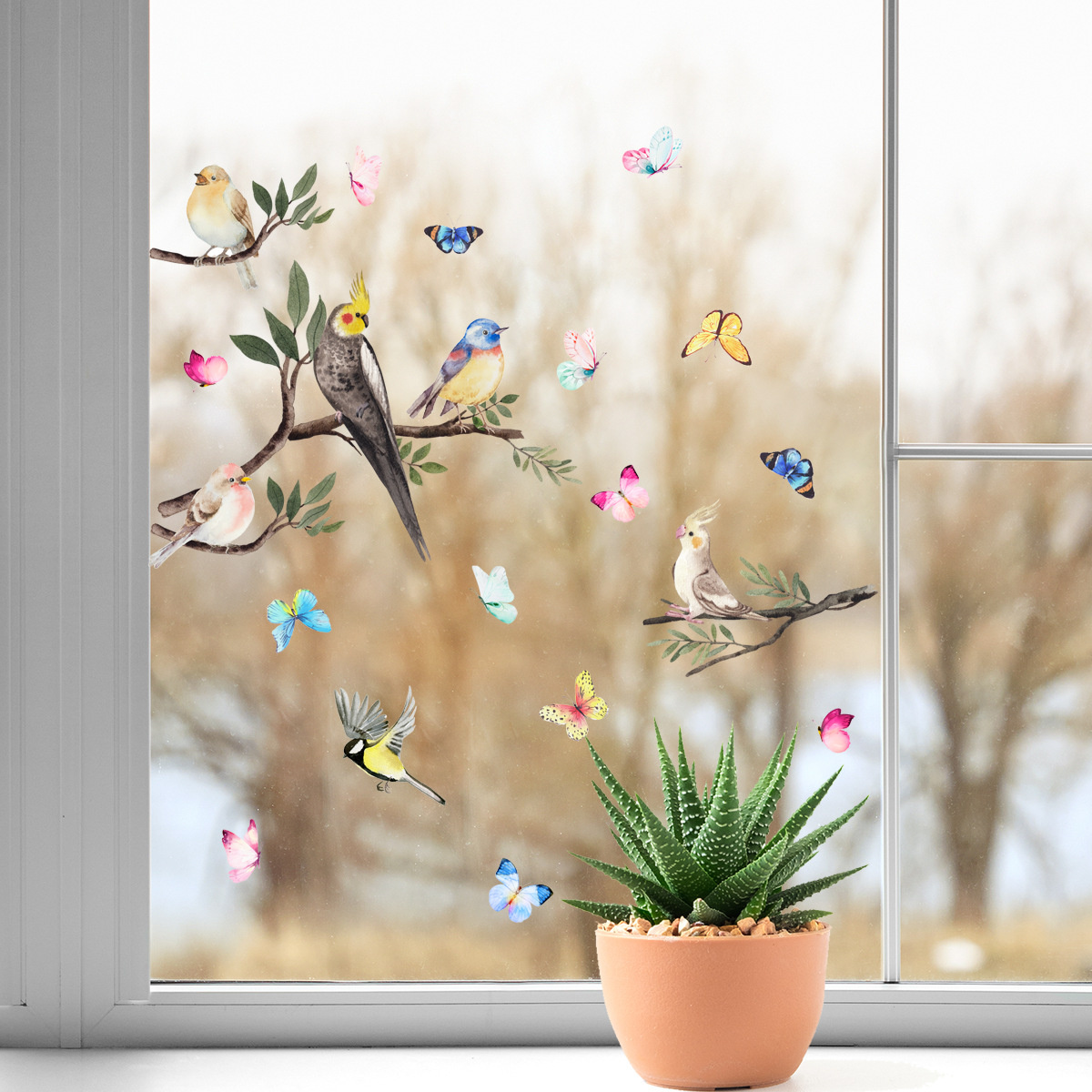 raamdecoratie sticker zelfklevend vogels/ takken / vlinders / planten herbruikbaar.