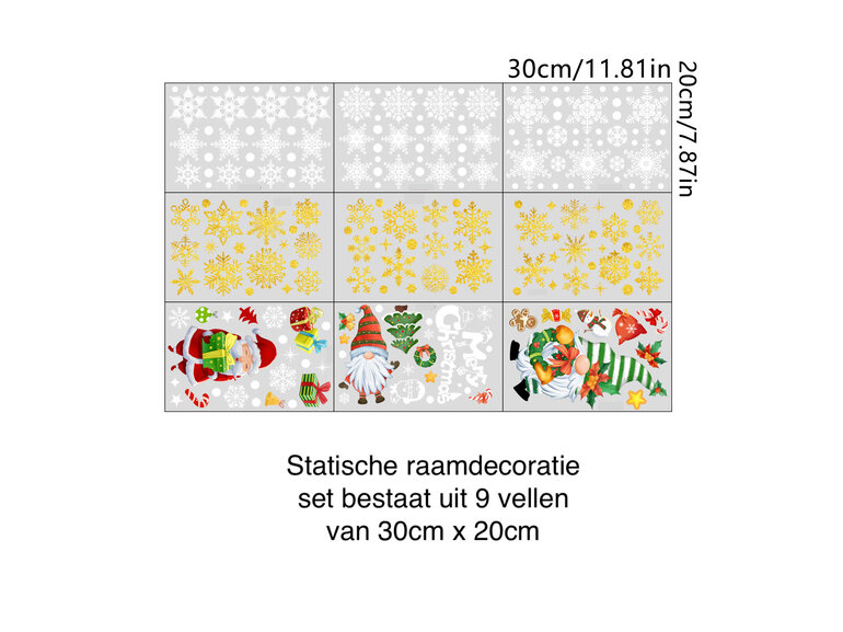 9 vellen Statische raamdecoratie kerst sneeuwvlokken goud glitter herbruikbaar.