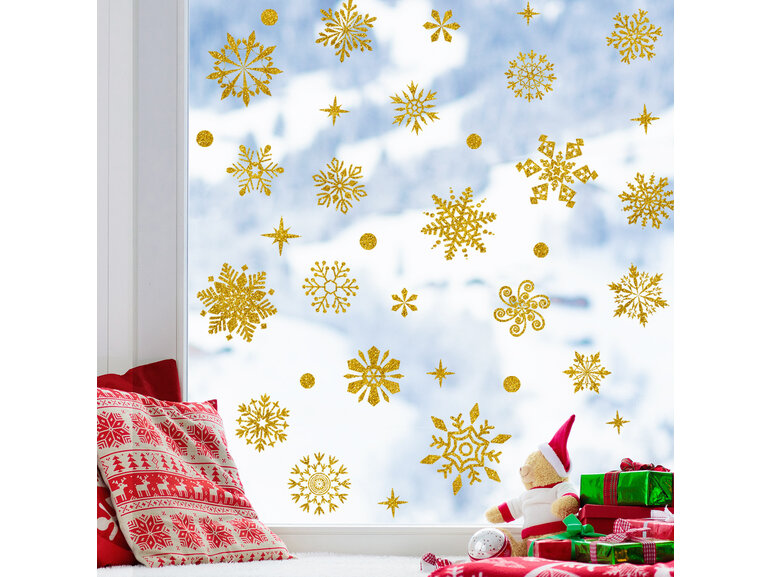 Statische raamdecoratie kerst sneeuwvlokken goud glitter herbruikbaar.
