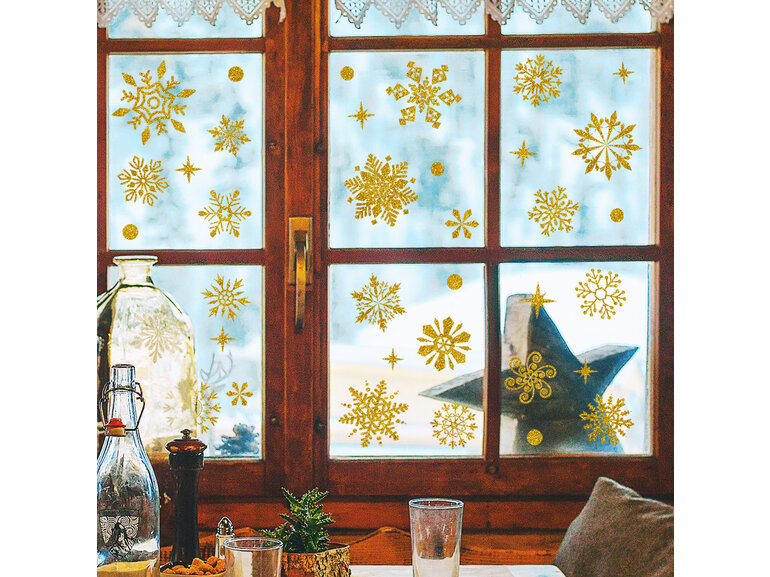 Statische raamdecoratie kerst sneeuwvlokken goud glitter herbruikbaar.