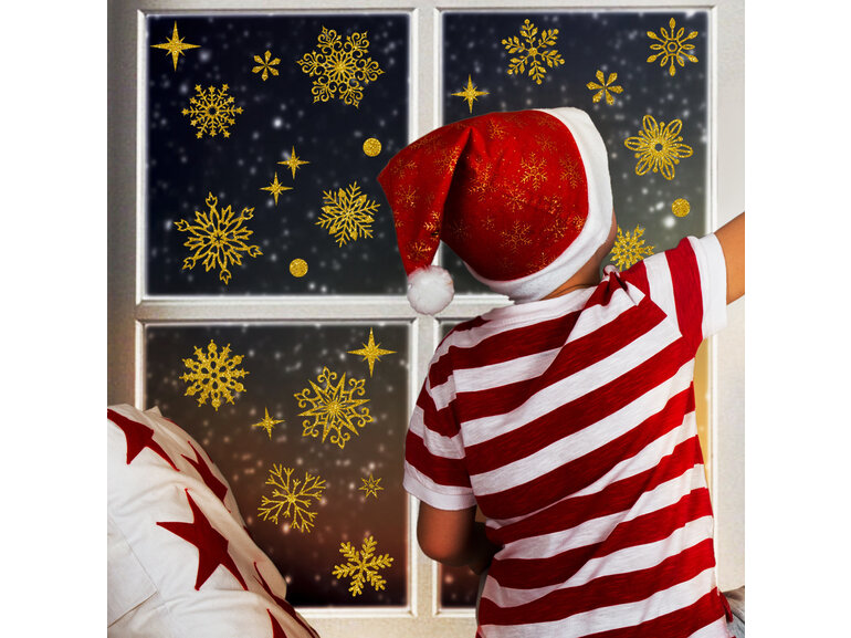 Statische raamdecoratie kerst sneeuwvlokken en sterren goud glitter herbruikbaar. Statische raamdecoratie kerst sneeuwvlokken en sterren goud glitter herbruikbaar.