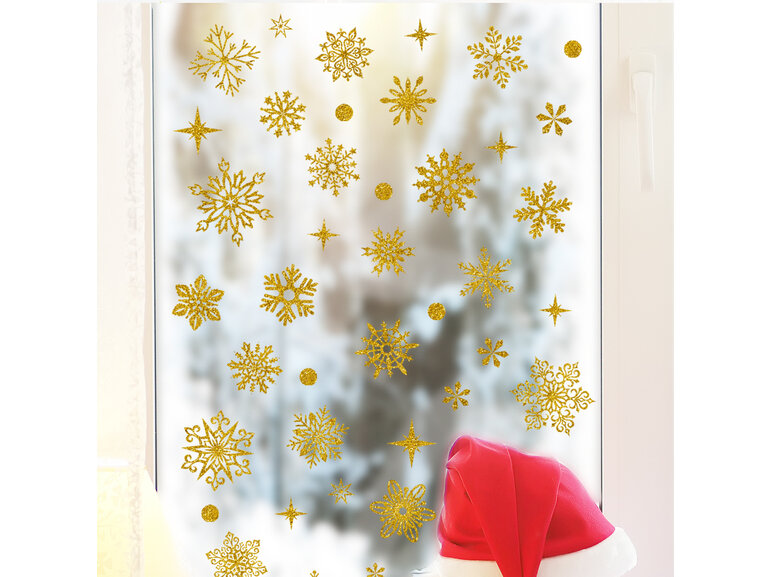 Statische raamdecoratie kerst sneeuwvlokken en sterren goud glitter herbruikbaar.