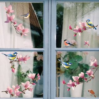 Raamsticker zelfklevend vogels met roze bloemen