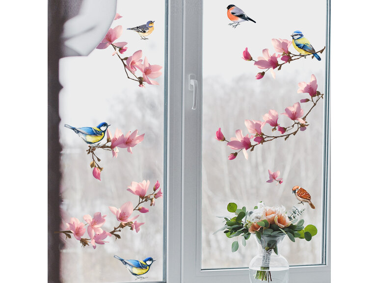 Raamsticker zelfklevend vogels op tak, dubbelzijdig bedrukt.