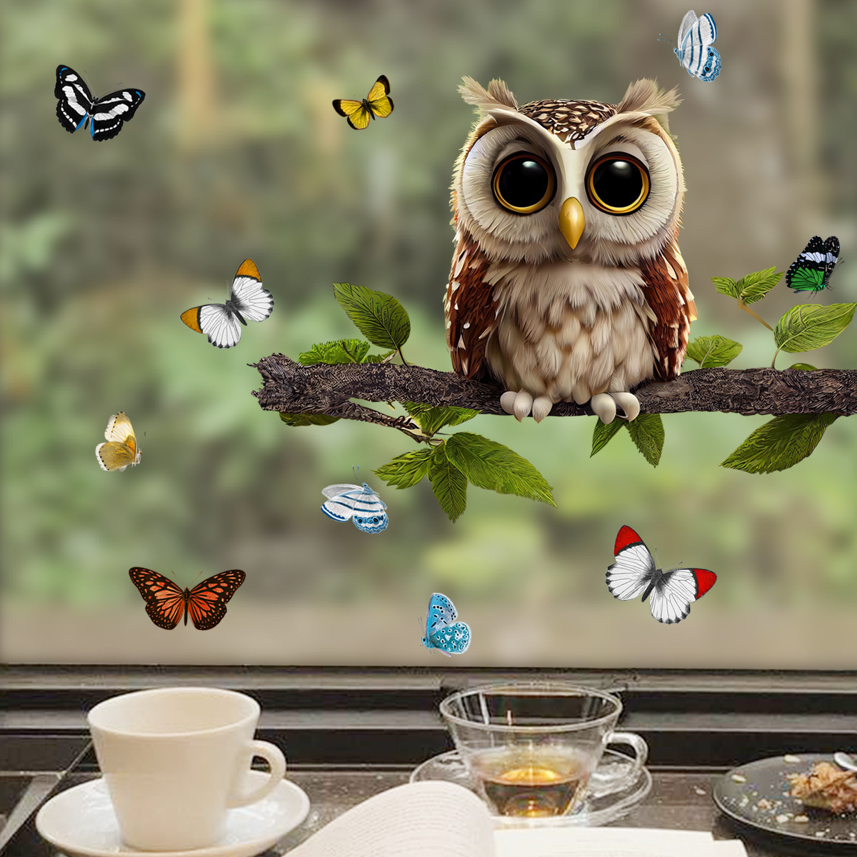 Raamsticker zelfklevend uil op tak met vlinders, dubbelzijdig bedrukt.