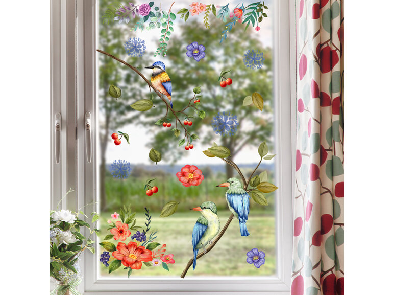 Raamsticker zelfklevend  Vogels op tak met bloemen en kersen, dubbelzijdig bedrukt.
