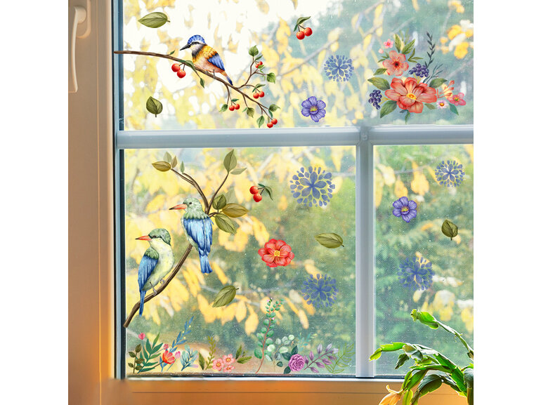 Raamsticker zelfklevend  Vogels op tak met bloemen en kersen, dubbelzijdig bedrukt.