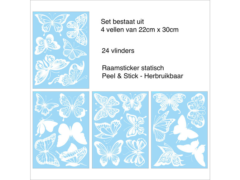 Witte statische vlinders raamstickers 24 stuks (vogelbescherming)