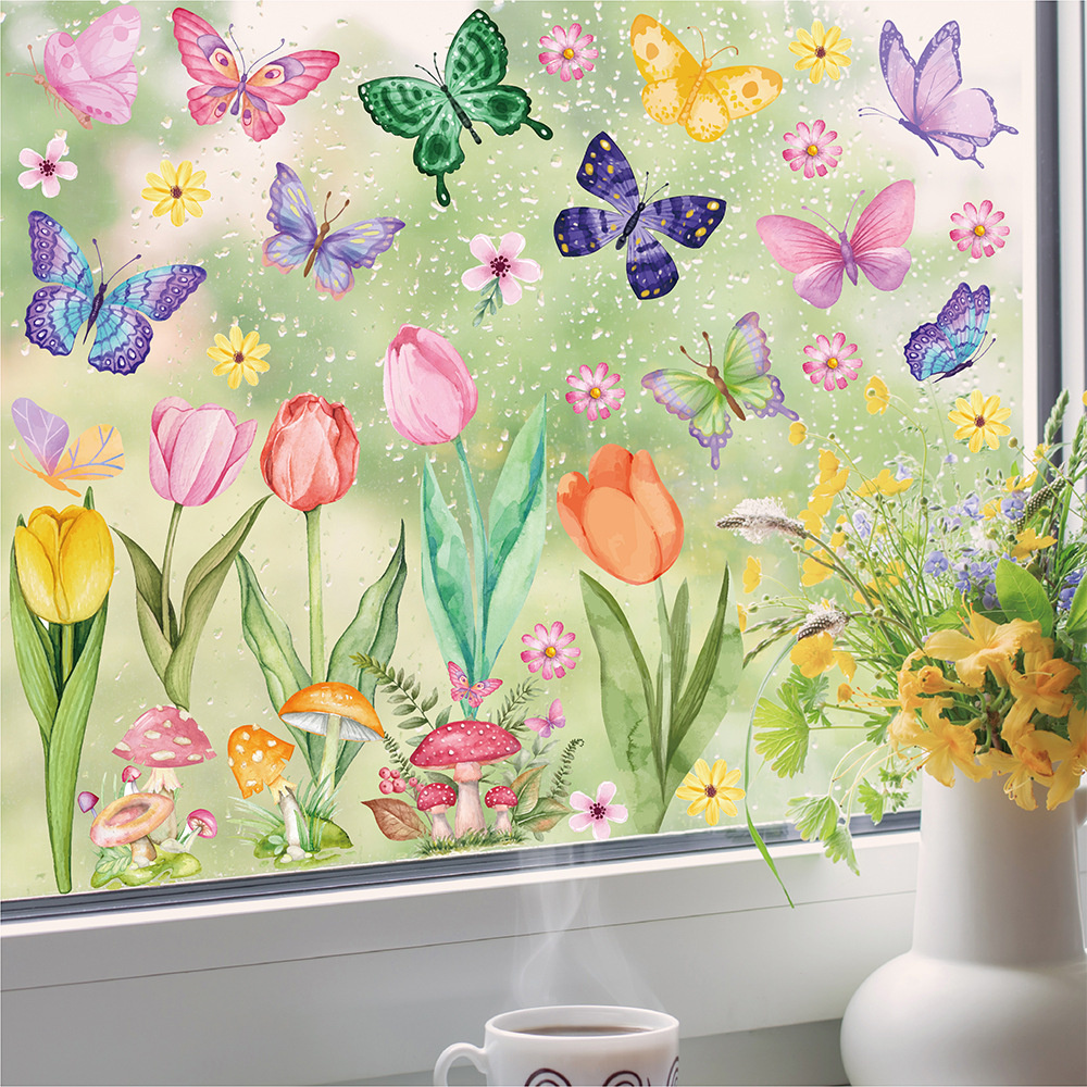 Statische vlinders, tulpen en bloemen raamstickers