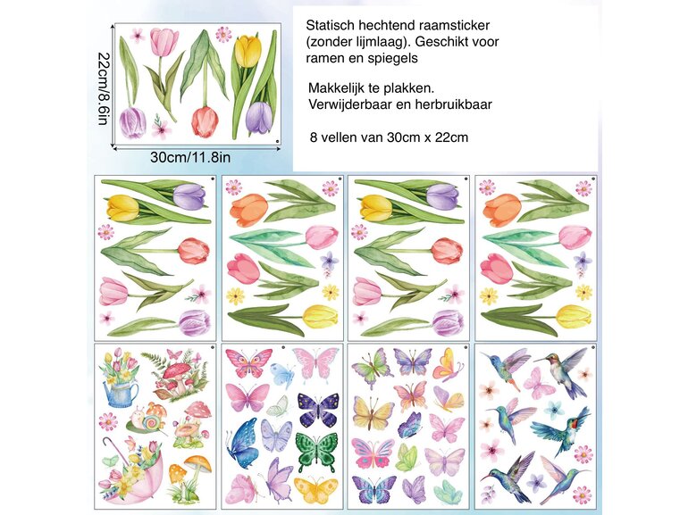 Statische vlinders, tulpen en bloemen raamstickers