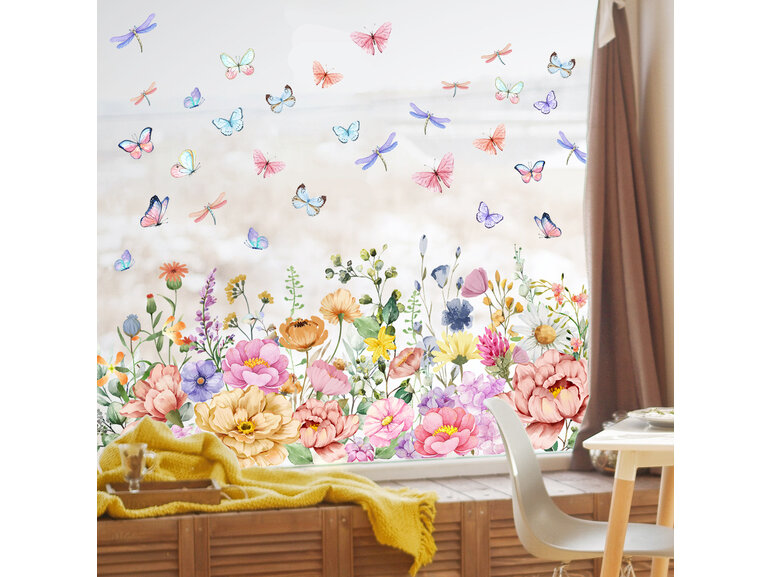 Raamsticker statisch kleurrijke pastel bloemenstrook, vlinders en libellen