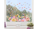 Raamsticker statisch kleurrijke pastel bloemenstrook, vlinders en libellen