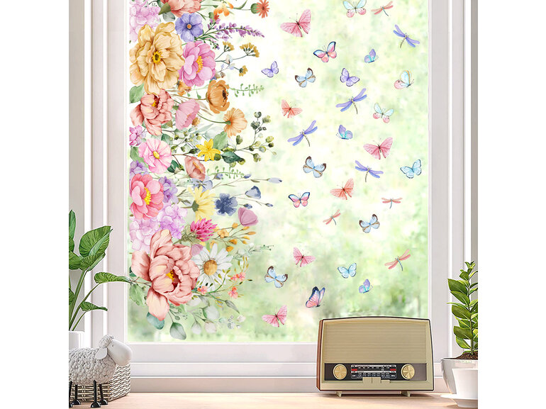 Kleurrijke pastel bloemenstrook, vlinders en libellen statische raamsticker - Copy