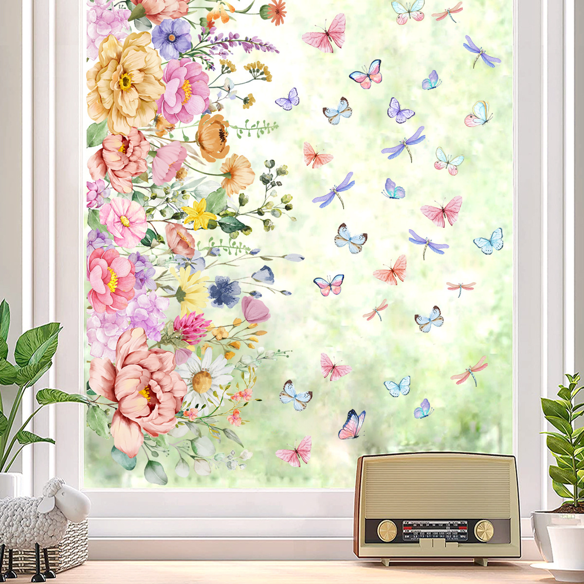 Kleurrijke pastel bloemenstrook, vlinders en libellen statische raamsticker - Copy