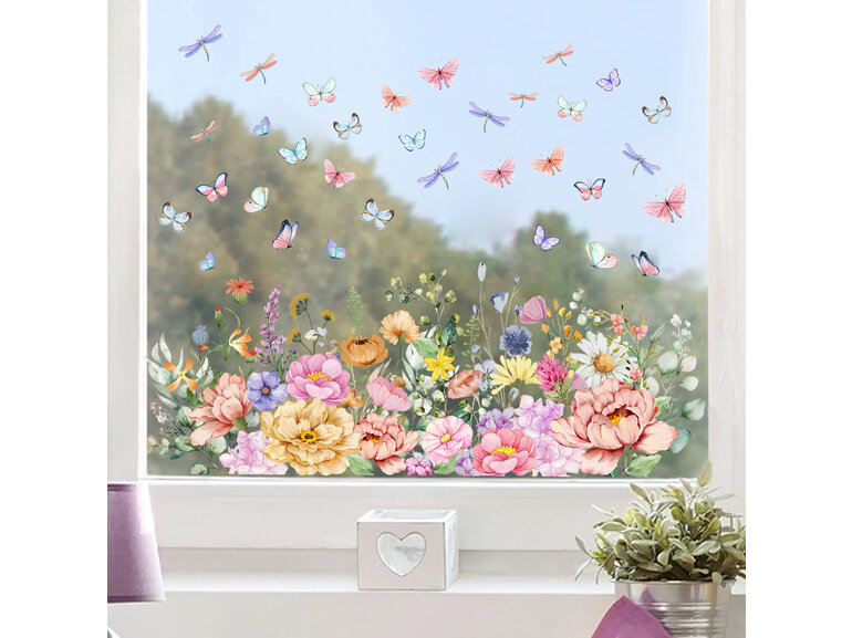 Kleurrijke pastel bloemenstrook, vlinders en libellen statische raamsticker - Copy