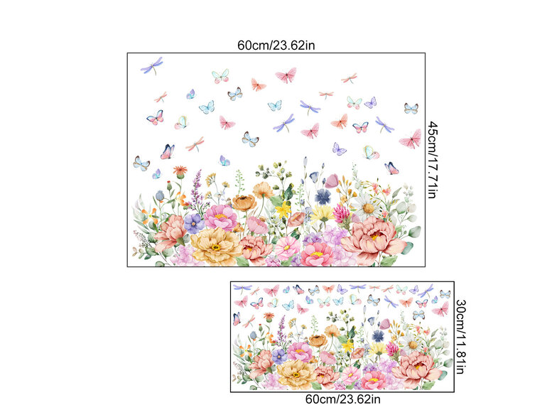 Kleurrijke pastel bloemenstrook, vlinders en libellen statische raamsticker - Copy