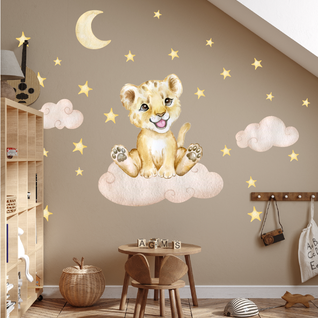 Muursticker leeuw welp op wolk en sterren kinderkamer slaapkamer Muursticker leeuw welp op wolk en sterren kinderkamer slaapkamer