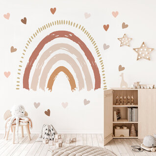 Muursticker aardse kleuren regenboog met hartjes Muursticker aardse kleuren regenboog met hartjes