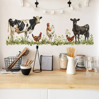 Muursticker Koe, Kip en Haan Grazend in het Gras Muursticker Koe, Kip en Haan Grazend in het Gras