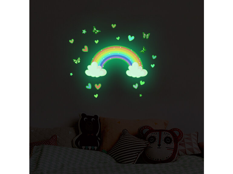 Stickerkamer Glow in the Dark Regenboog met wolken Muursticker met Vlinders en Hartjes