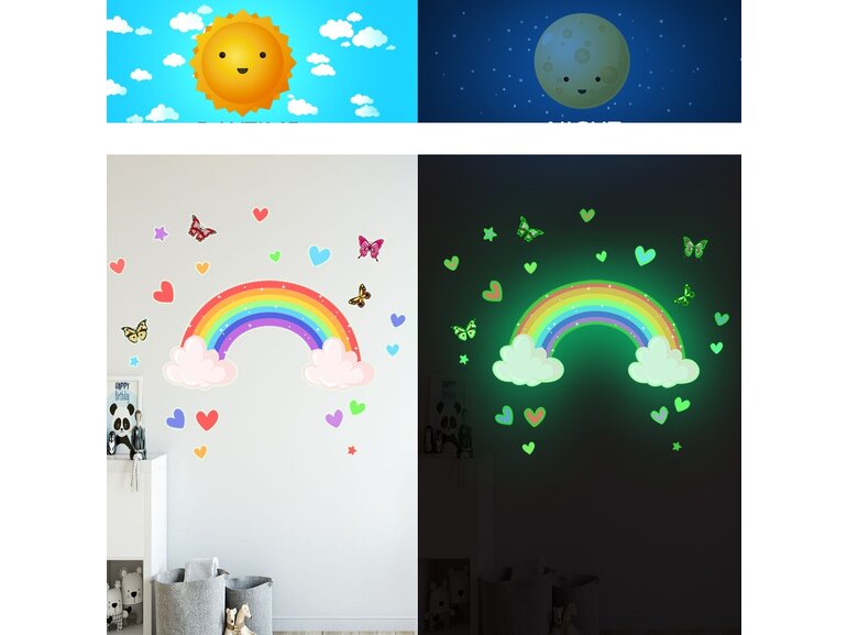 Stickerkamer Glow in the Dark Regenboog met wolken Muursticker met Vlinders en Hartjes