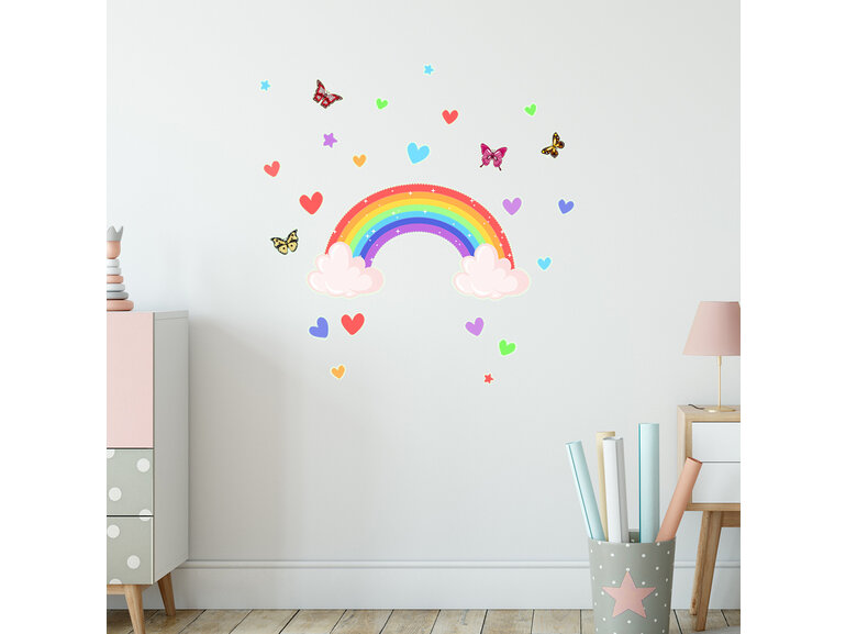 Stickerkamer Glow in the Dark Regenboog met wolken Muursticker met Vlinders en Hartjes