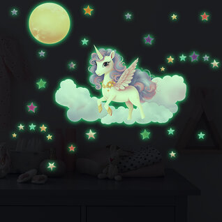 Stickerkamer Glow in the Dark Unicorn op een Wolk Muursticker Glow in the Dark Unicorn op een Wolk Muursticker