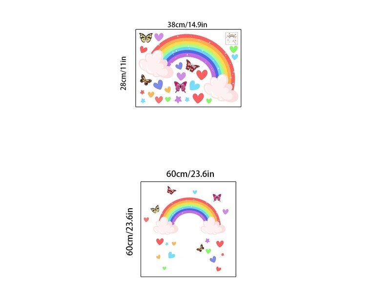 Stickerkamer Glow in the Dark Regenboog met wolken Muursticker met Vlinders en Hartjes