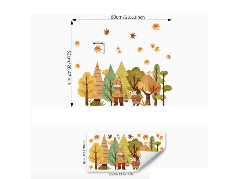 Stickerkamer Statische Raamsticker dubbelzijdig geprint Bosdieren – Dubbelzijdige Herfstdecoratie met Esdoornblad, Vos & Egel – Glassticker voor Ramen & Muren