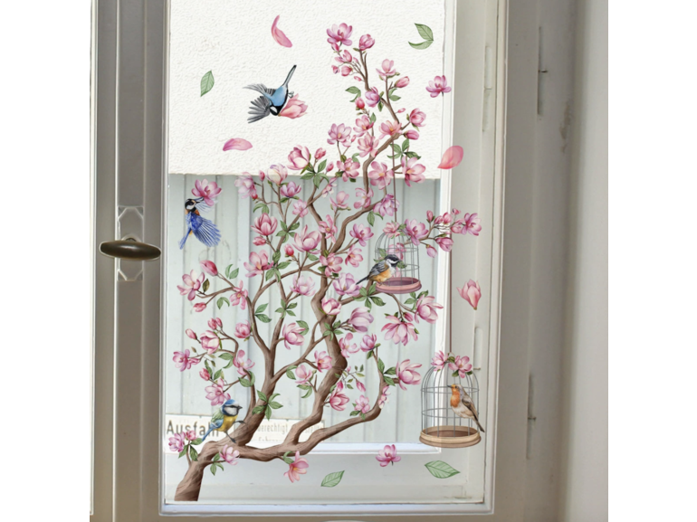 Stickerkamer Statische Raamsticker  dubbelzijdig geprint met Bloemen, Vogels en Vlinders – Dubbelzijdige Decoratie voor Ramen & Glas