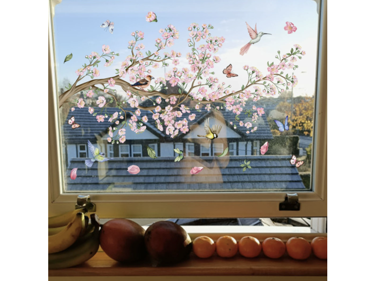 Stickerkamer Statische Raamsticker  dubbelzijdig geprint met Bloemen, Vogels en Vlinders – Dubbelzijdige Decoratie voor Ramen & Glas