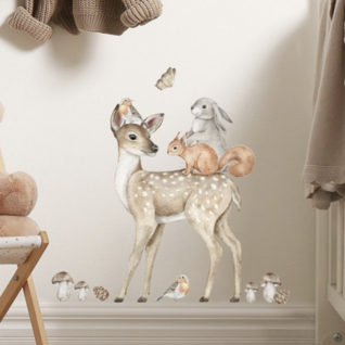 Muursticker Hertje met konijn, vogel en vlinder op rug | Aquarel | Stickers zelfklevend, Kinderkamer