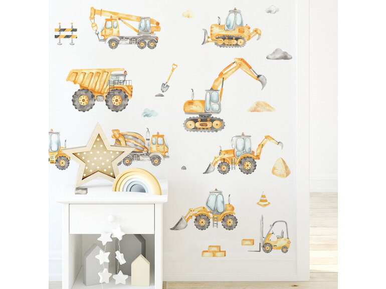 Muursticker Watercolor Bouwvoertuigen Geel