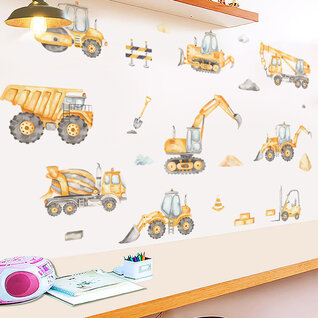 Muursticker Watercolor Bouwvoertuigen Geel Muursticker Watercolor Bouwvoertuigen Geel
