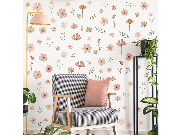 Stickerkamer Muursticker Boho Bloemen zacht roze - waterverf