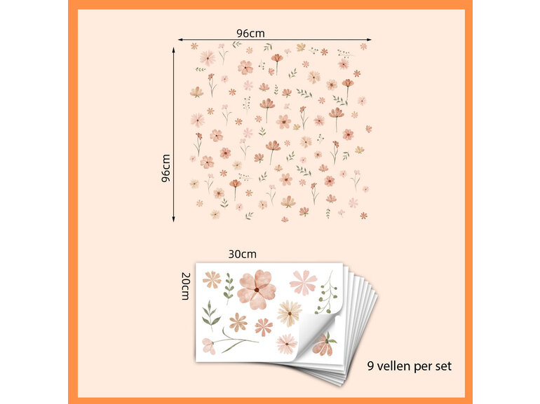 Stickerkamer Muursticker Boho Bloemen zacht roze - waterverf