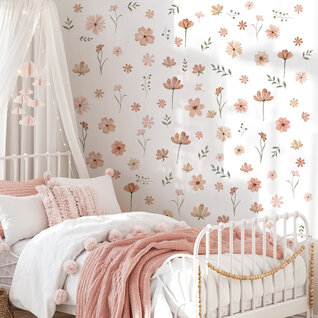 Stickerkamer Muursticker Boho Bloemen zacht roze - waterverf Muursticker Boho Bloemen zacht roze - waterverf